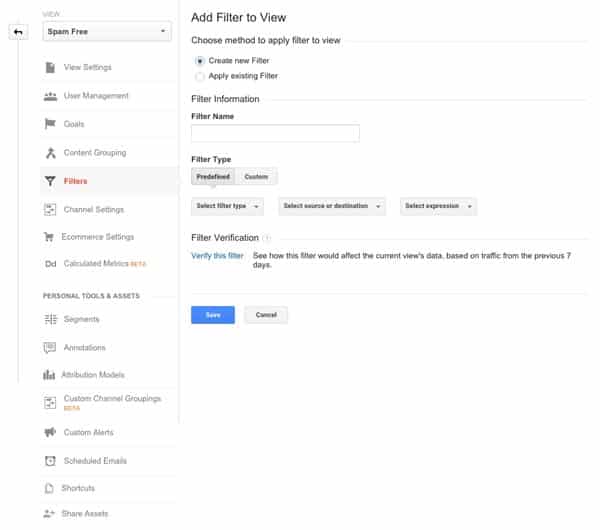 Google Analytics Screenshot - Filter Options