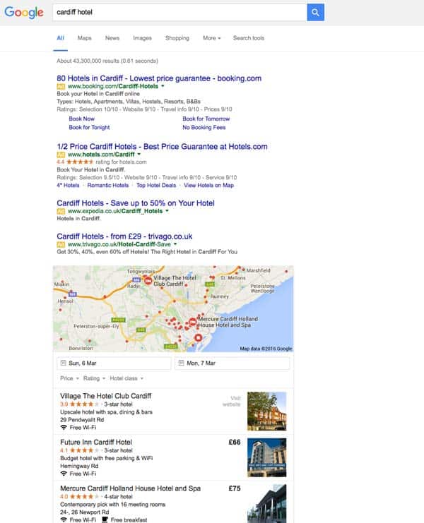 Search results page for 'Cardiff Hotel' showing no natural search results