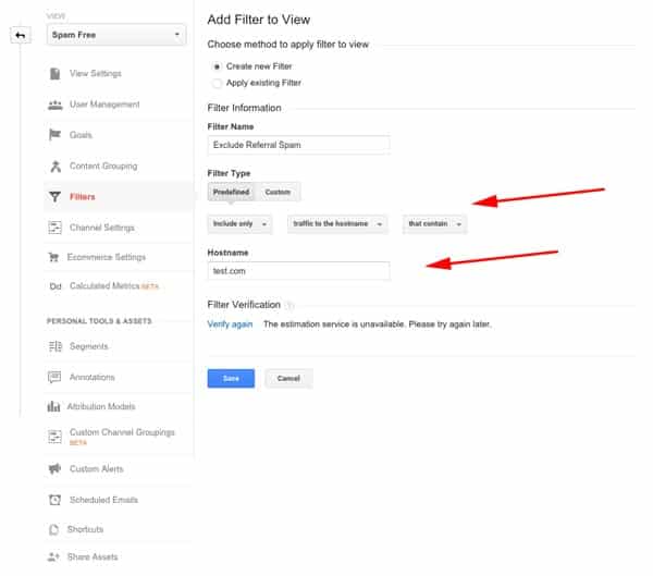 Google Analytics Screenshot - Filter Settings for Hostname Filter