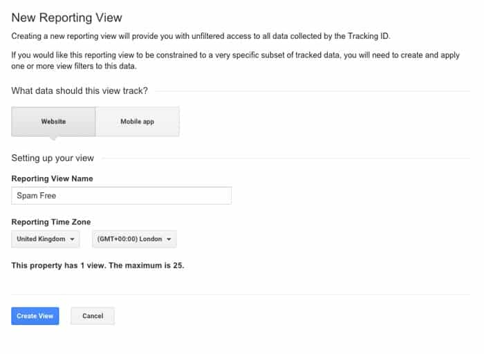 Google Analytics Screenshot - New View Settings